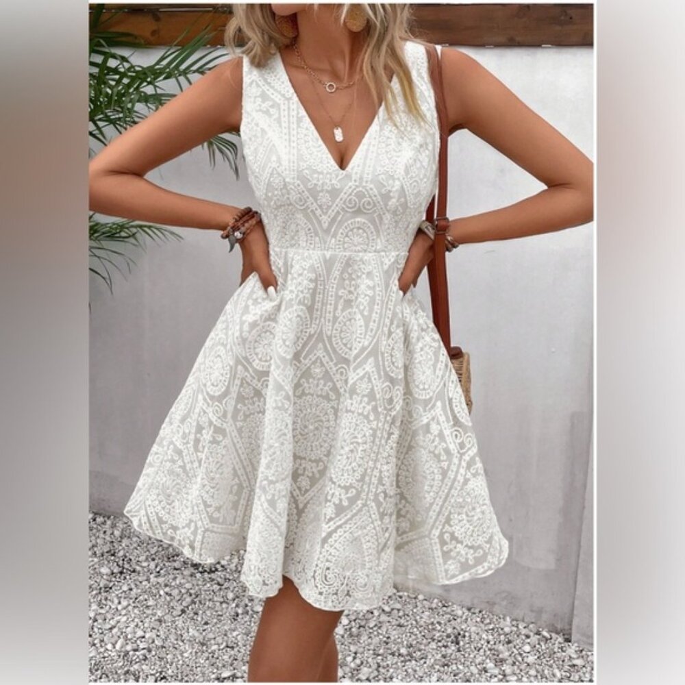 French Lace A-line Dress White/Beige